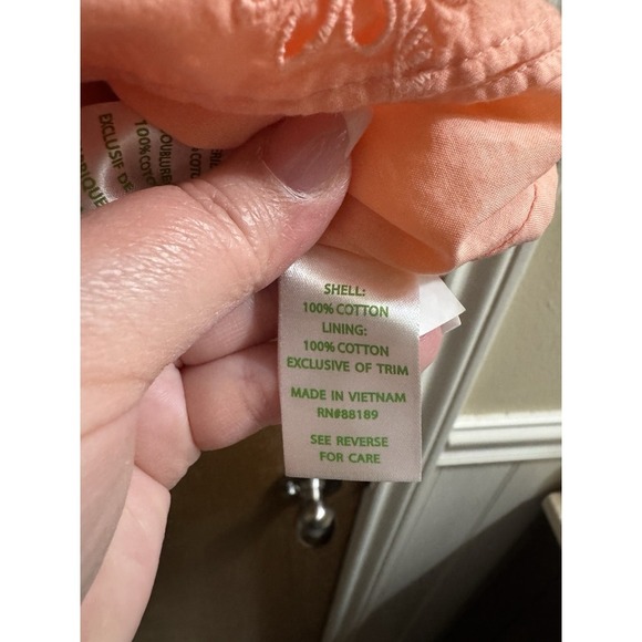 Lilly Pulitzer Astara Top Peach Flamingo Orange Palm Tree Eyelet Pom-Poms XXS - Picture 9 of 10